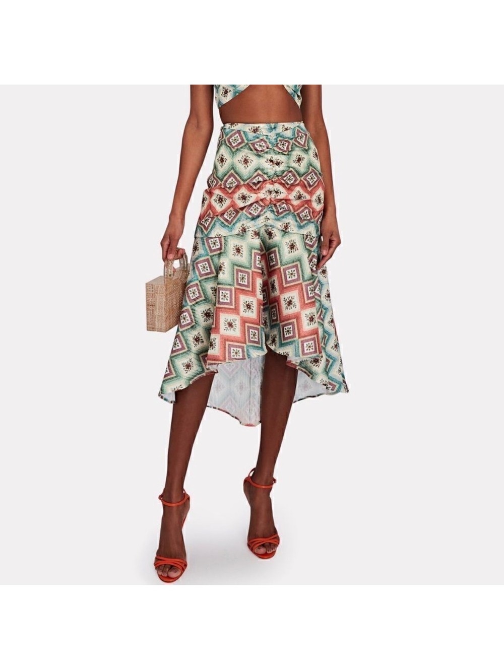 Autumn Adeigbo Soraya Geometric Ruched High Low Midi Skirt Size 6